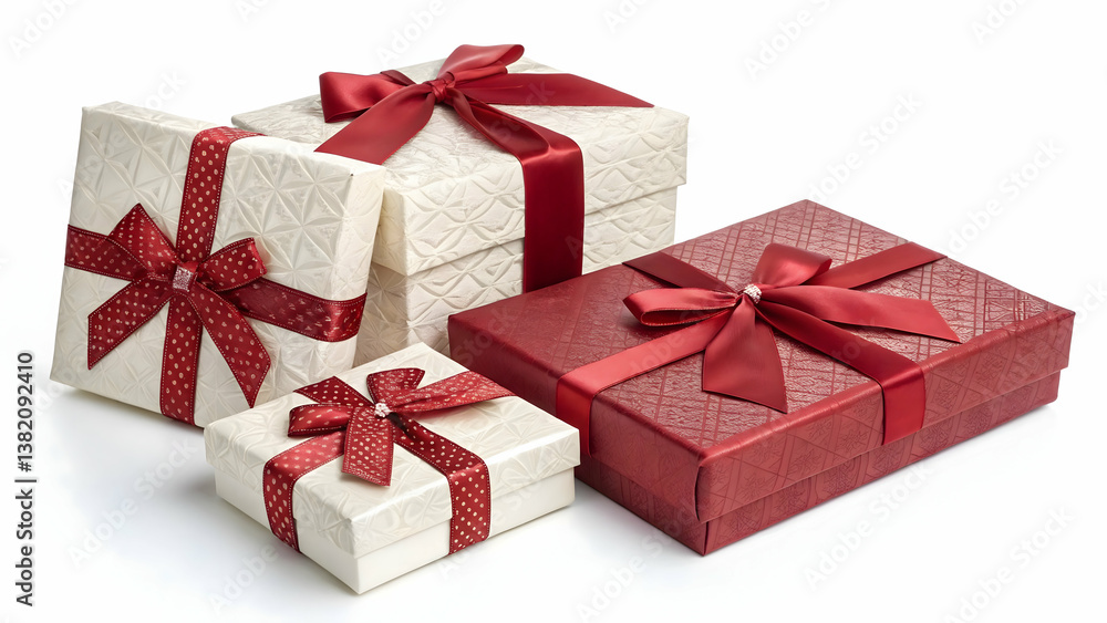 Obraz premium White gift box with red ribbon on white background,Elegant gift box with red ribbon and bow isolated on white background,christmas presents,Red gift box with a shiny bow isolated on white background, 