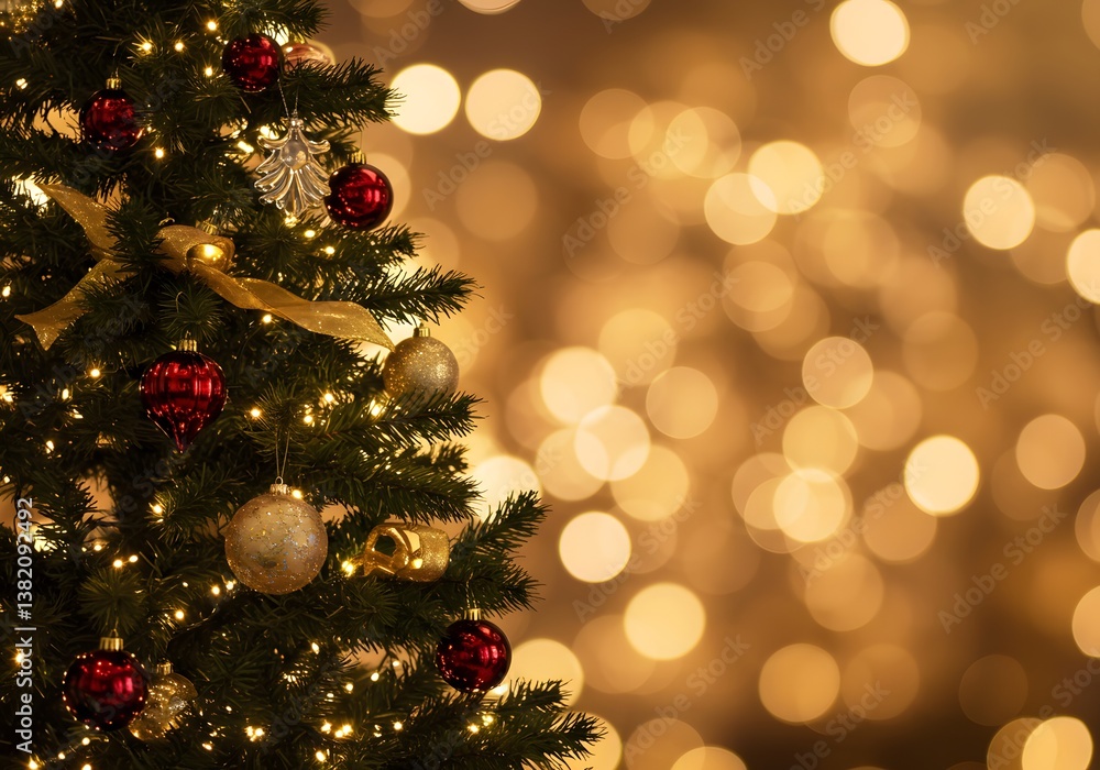 Festive Christmas Tree with Ornaments and Lights - Holiday Season Background. Festive Christmas Tree with Ornaments and Lights - Holiday Season Background.