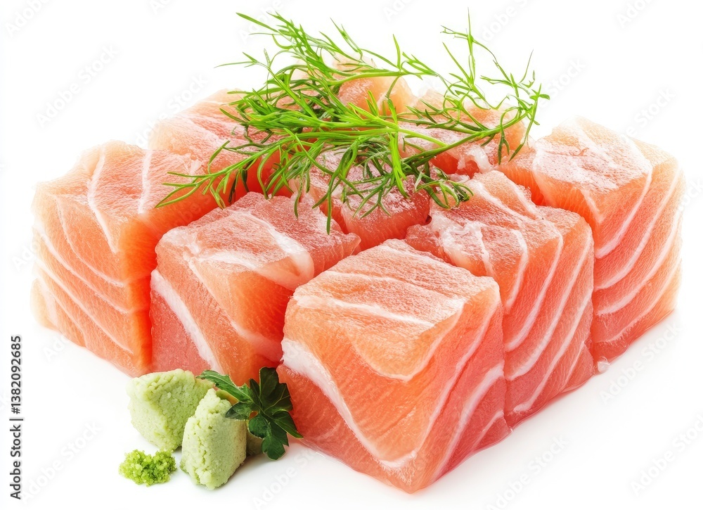 Fresh Salmon Sashimi Cubes with Dill and Wasabi for Sushi Preparation Fresh Salmon Sashimi Cubes with Dill and Wasabi for Sushi Preparation
