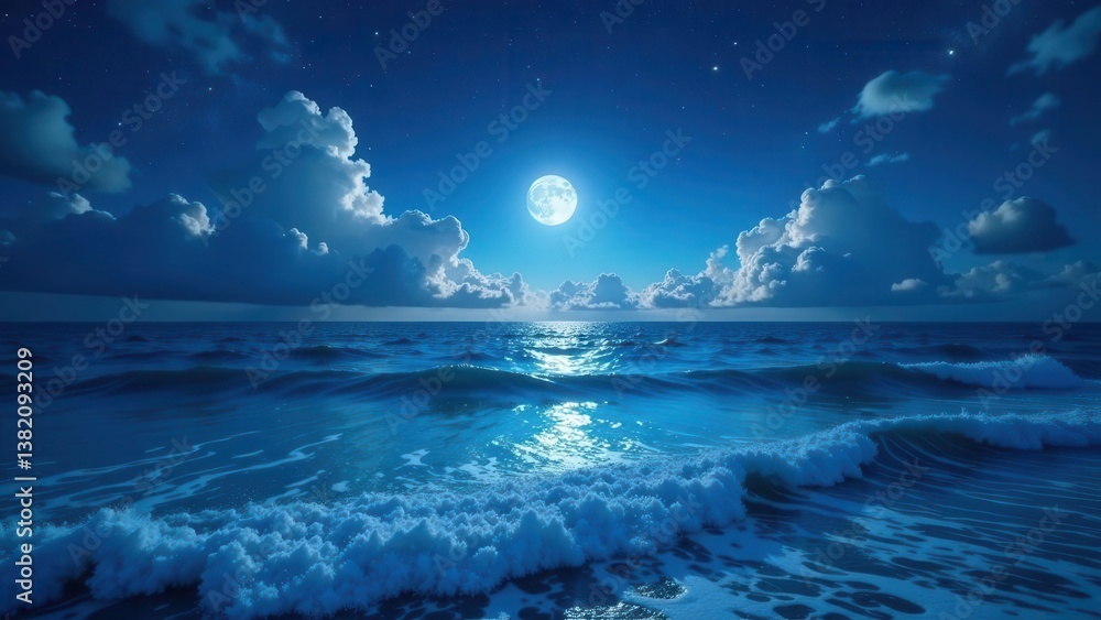 Serene Night Seascape Ocean Waves Under a Full Moon and Starlit Sky Serene Night Seascape Ocean Waves Under a Full Moon and Starlit Sky