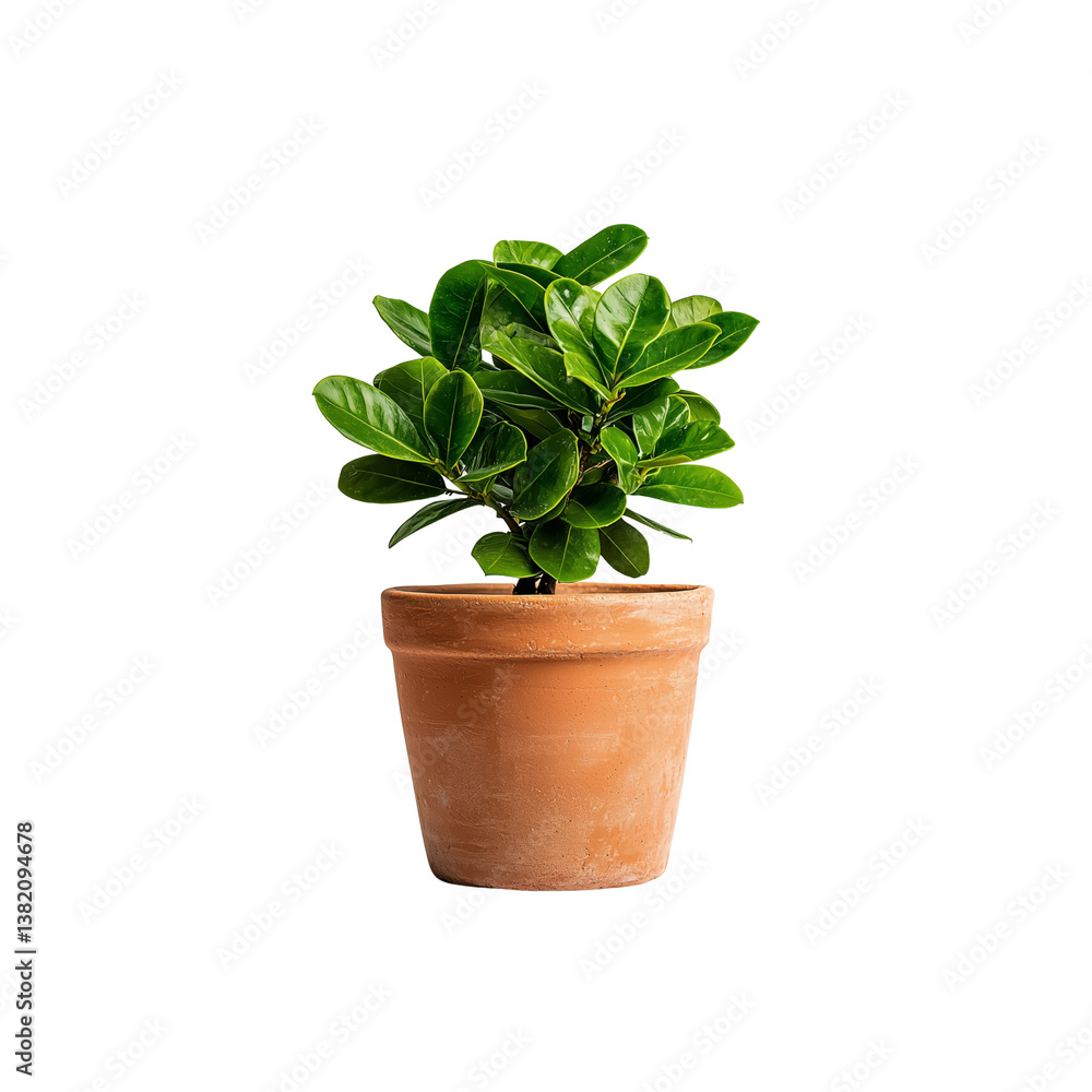 Fototapeta premium A small green plant with glossy leaves in a terracotta pot.