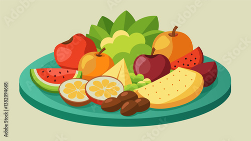 A refreshing mix of sweet and savory this fruit and nut platter showcases an assortment of handpicked fruits and premium quality nuts.. Vector illustration