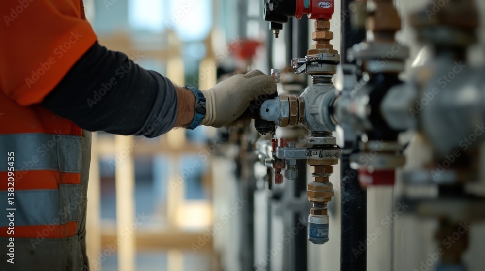 A construction worker tightening a valve at a building site. Featuring precision and expertise A construction worker tightening a valve at a building site. Featuring precision and expertise