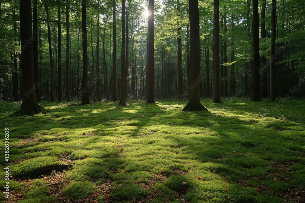 Obraz premium Sunlight streaming through dense green forest with mossy ground in spring morning