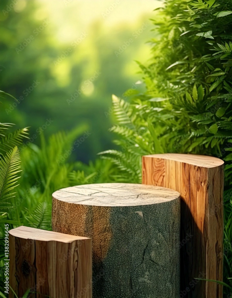 Natural Stone Podium with Lush Green Foliage Background Natural Stone Podium with Lush Green Foliage Background