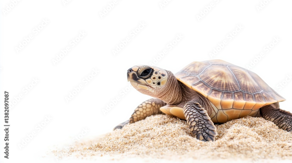 Obraz premium Small Brown Turtle on Sand Against White Background