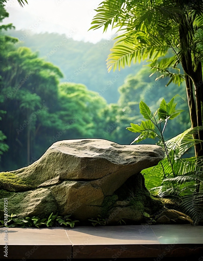 Natural Stone Podium with Lush Green Foliage Background Natural Stone Podium with Lush Green Foliage Background