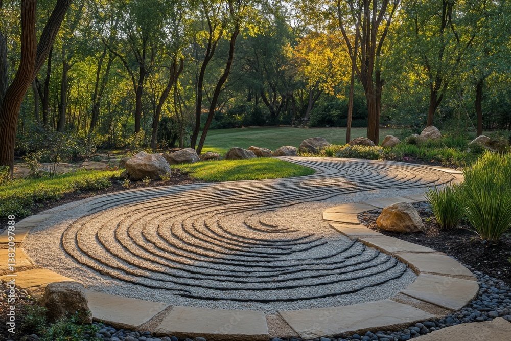 ZEN stone labyrinth surrounded by trees in peaceful garden ZEN stone labyrinth surrounded by trees in peaceful garden