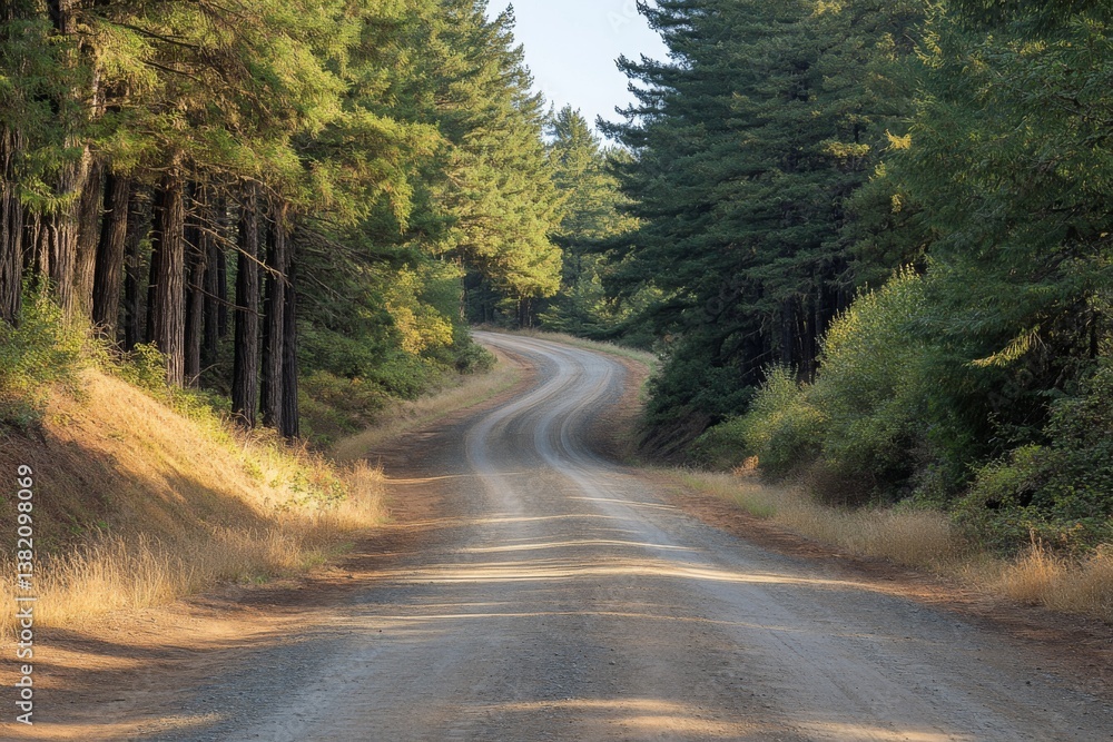 Fototapeta premium Dry dirt road through pine woods on a sunny day with shadows