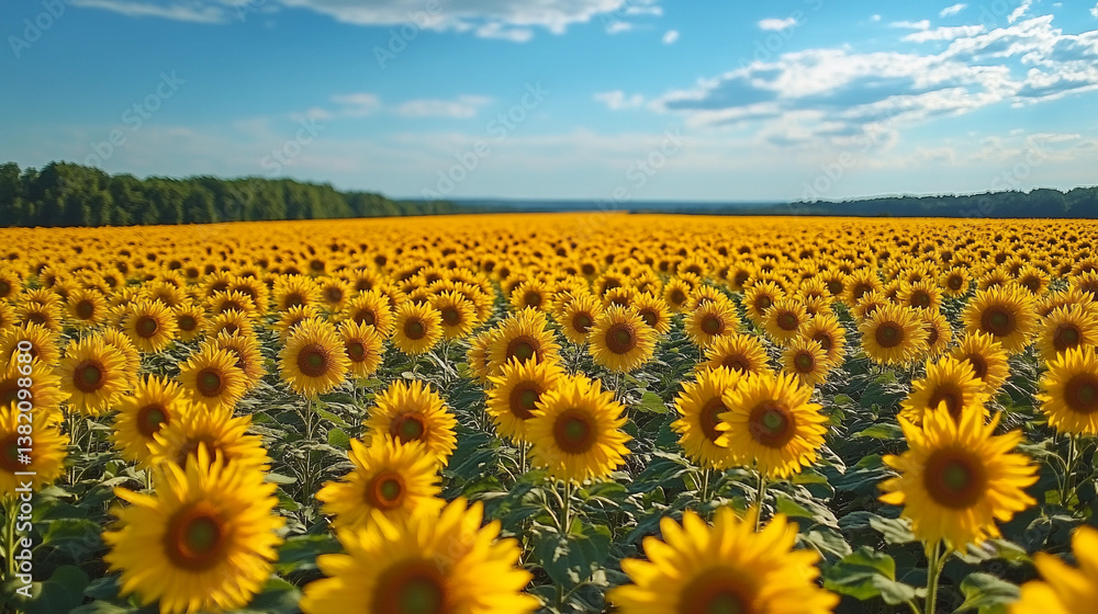 Fototapeta premium Expansive sunflower field under a bright blue sky during warm summer afternoon