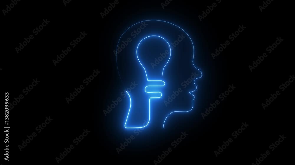 glowing neon Outline of head with bulb inside human mind. Concept of innovation on black background. 4k video. glowing neon Outline of head with bulb inside human mind. Concept of innovation on black background. 4k video.