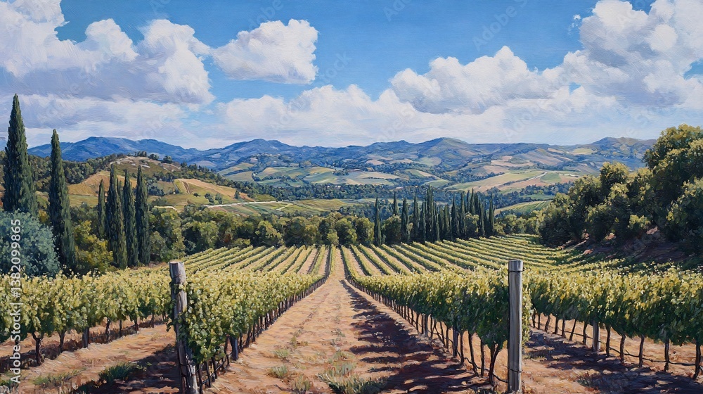 Fototapeta premium Idyllic Vineyard Landscape under a Blue Sky with Fluffy Clouds