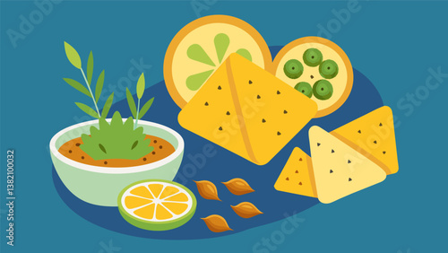 A selection of crispy pita chips whole grain crackers and glutenfree pretzels paired with a smoky eggplant dip and a refreshing lemon herb spread.. Vector illustration
