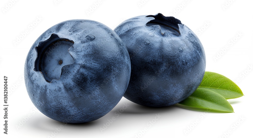 Close-up of Two Fresh Blueberries with Green Leaves on White Background Close-up of Two Fresh Blueberries with Green Leaves on White Background