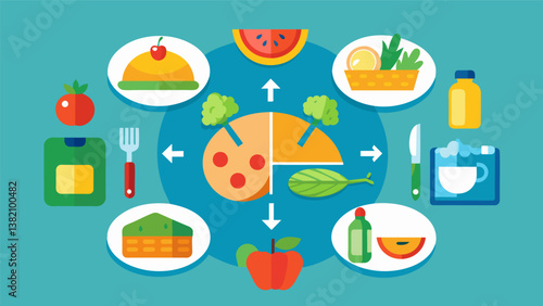 A representation of a typical daily meal plan for a person following a Mediterranean diet showing the variety of healthy and delicious foods included.. Vector illustration