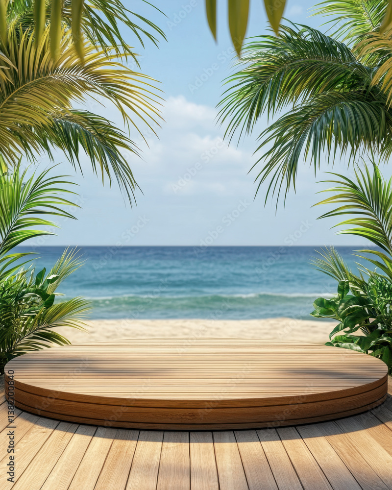 Fototapeta premium serene beach scene features wooden podium surrounded by lush palm trees, inviting relaxation and tranquility. gentle waves and clear sky enhance peaceful atmosphere