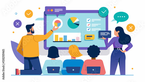 A large interactive touchscreen display captures the attention of attendees as they navigate through a dynamic multimedia presentation each tap revealing new insights and trends.. Vector illustration