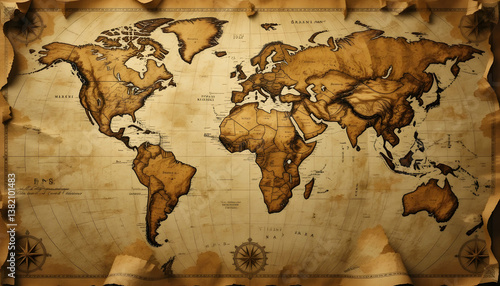Antique World Map with Brown Tones and Navigation Stars Design