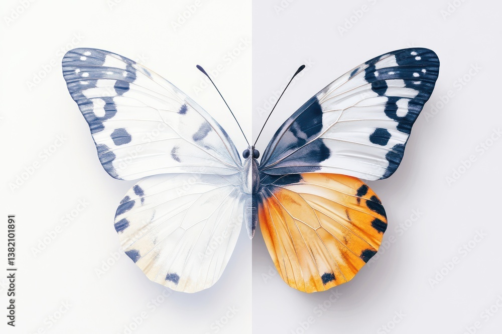 Fototapeta premium Split butterfly, studio shot, white background, transformation, graphic design