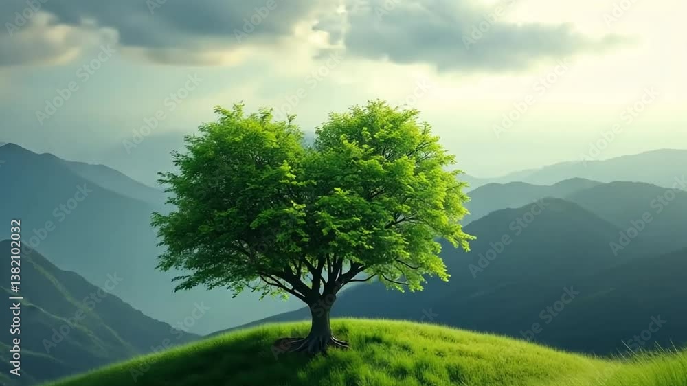 Lush Green Heart-Shaped Tree on a Rolling Hill with Mountain Landscape Lush Green Heart-Shaped Tree on a Rolling Hill with Mountain Landscape