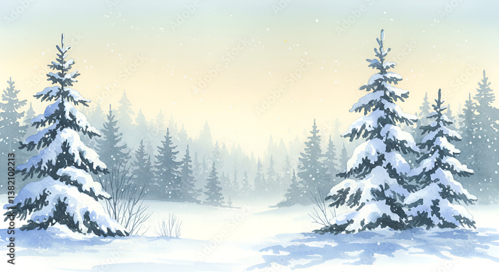 Winter forest background with snowy pine trees in watercolor Winter forest background with snowy pine trees in watercolor