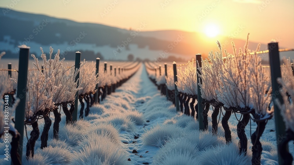Fototapeta premium Frost-covered vineyard rows in winter landscape under overcast morning sky 
