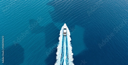Fototapeta Naklejka Na Ścianę i Meble -  A luxury yacht sails across clear ocean waters from a top view, creating a white trail on a blue sea background, symbolizing travel, freedom, and adventure. Ai generative