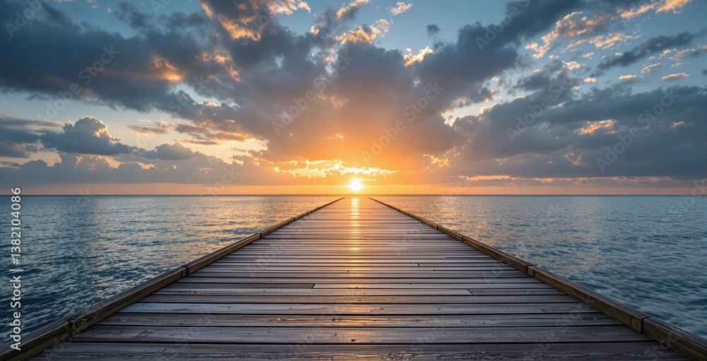 Obraz premium Wooden dock leading into tranquil ocean at sunset, realistic photographic style, under colorful cloudy sky background, concept of peaceful travel journey. Ai generative