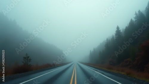 Wet mountain road disappearing into dense fog with misty hills and forest	
