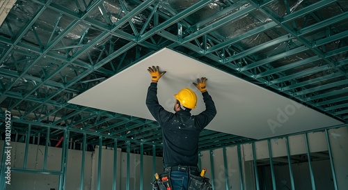 A construction worker hanging drywall on the ceiling, securing the panels into place with screws and ensuring the joints are perfectly aligned and smooth