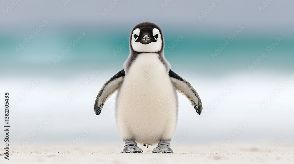 Naklejka premium Adorable Baby Penguin Standing on Sandy Beach with Ocean Background for Cute Animal Photography