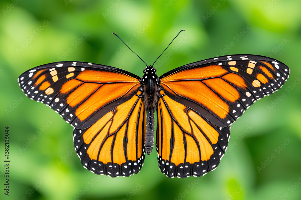 Fototapeta premium Detailed Monarch Butterfly Portrait with Intricate Wing Patterns on Green Foliage Background