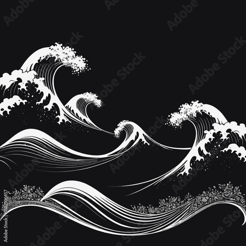 Dramatic White Waves on Black Background Ocean Art