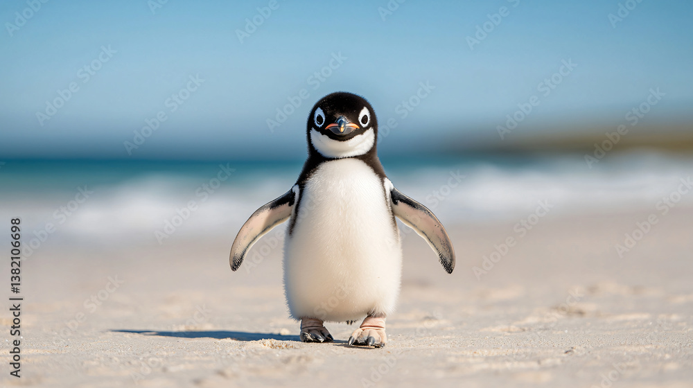 Fototapeta premium Little Penguin Chick Waddling on Sandy Beach Near the Ocean Waters on a Sunny Day Showing Happiness