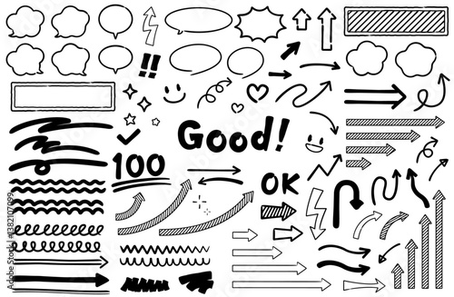 手描きあしらいベクターイラストセット 白黒 モノクロ モノトーン