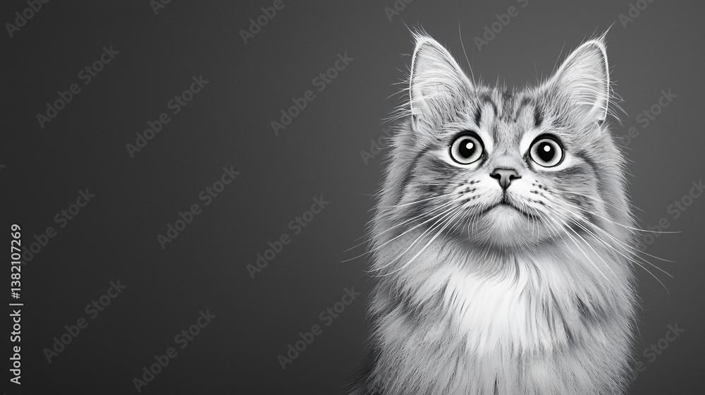 Fototapeta premium Wide Eyed Long Haired Tabby Cat Staring Upward in Monochrome Style on a Plain Gray Background