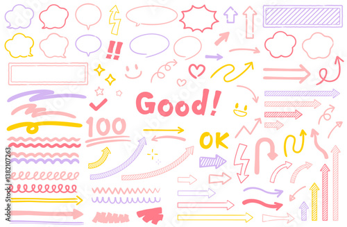 手描きあしらいベクターイラストセット かわいい シンプル ピンク 黄色 紫 パープル