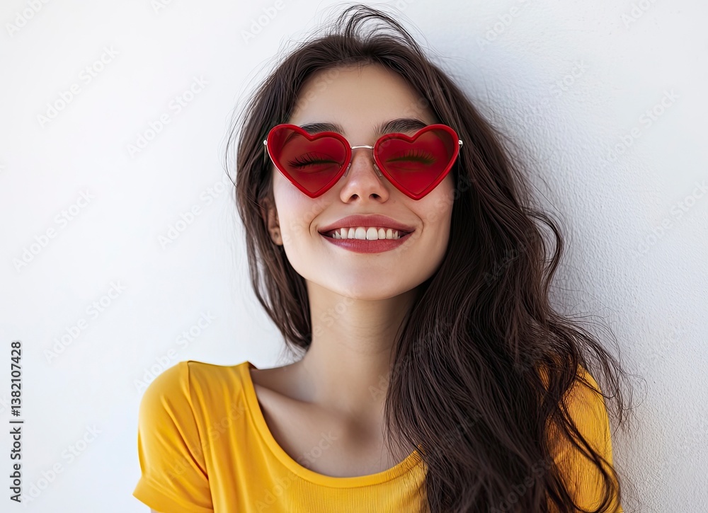 Smiling Woman Wearing Heart-shaped Sunglasses and a Yellow Shirt Smiling Woman Wearing Heart-shaped Sunglasses and a Yellow Shirt