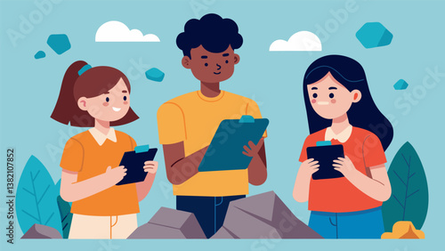 A group of students were seen observing and taking notes on different rocks and minerals for the Geology event in Science Olympiad.. Vector illustration