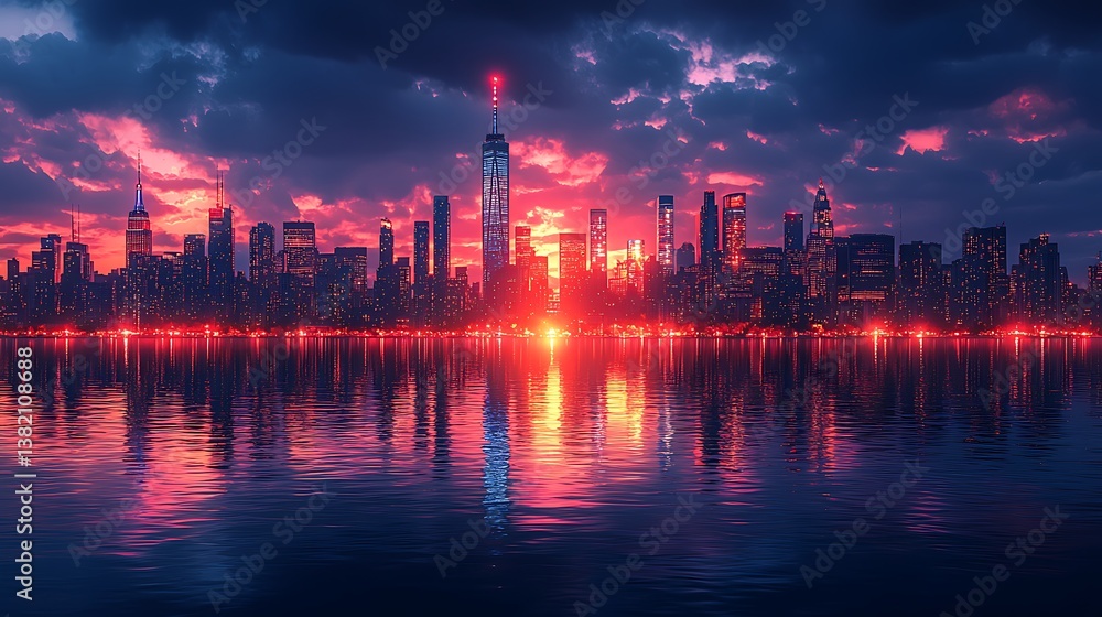 Fototapeta premium City Skyline at Sunset: Capturing the captivating silhouette of a city skyline at sunset, with the buildings reflected in a tranquil body of water, creating a vibrant and awe-inspiring cityscape.