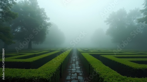 Wallpaper Mural Symmetrical green hedge maze in misty forest with wet path and dense fog	 Torontodigital.ca