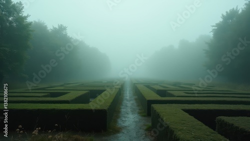 Wallpaper Mural Symmetrical green hedge maze in misty forest with wet path and dense fog	 Torontodigital.ca