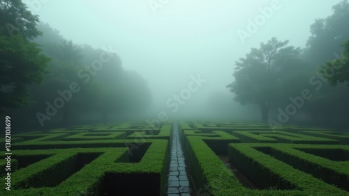 Wallpaper Mural Symmetrical green hedge maze in misty forest with wet path and dense fog	 Torontodigital.ca