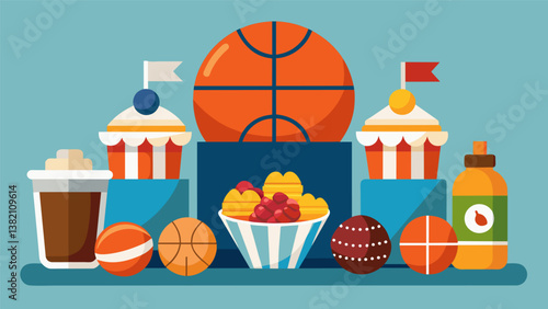 A sportsthemed candy buffet with treats shaped like basketballs footballs and baseballs along with teamcolored candies and mini sports drink bottles.. Vector illustration
