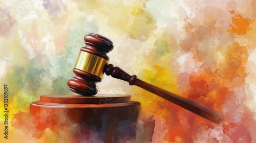 Gavel on Courtroom Podium in Watercolor Style