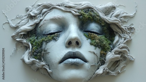 Wallpaper Mural Serene Sculpture: A Woman's Face Adorned with Moss Torontodigital.ca
