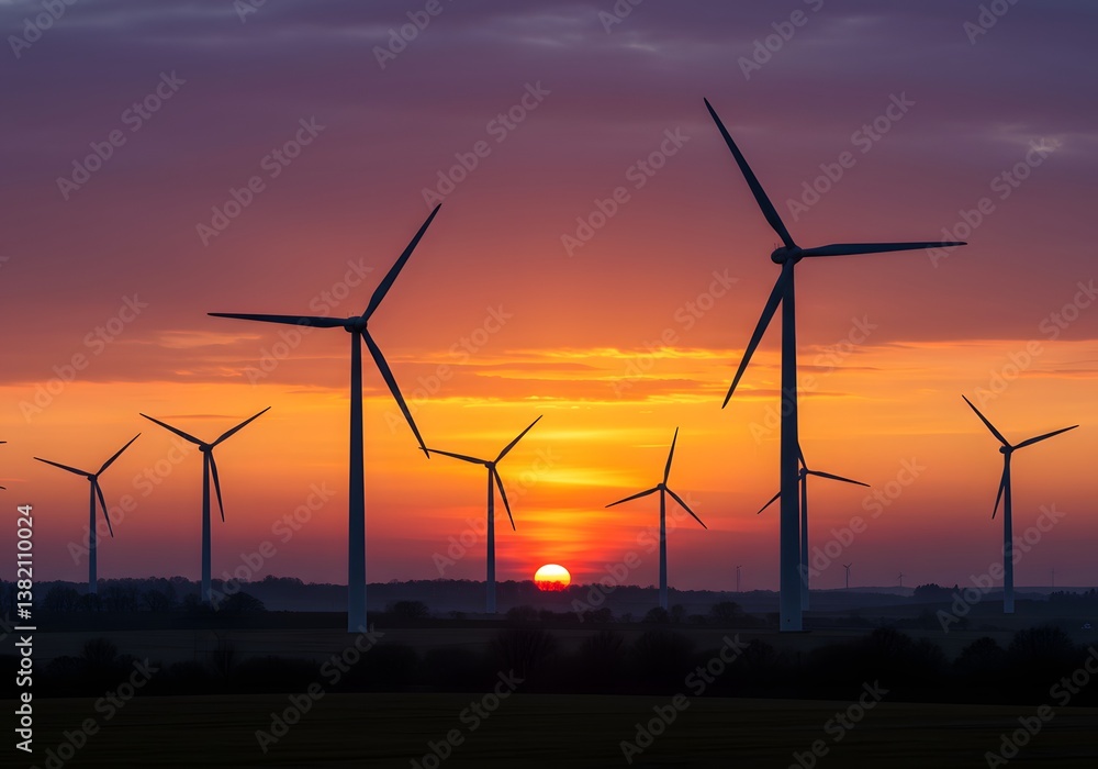 Wind Turbines at Sunset Renewable Energy, Silhouette of Windmills Against Vibrant Orange Sky, Sustainable Power Wind Turbines at Sunset Renewable Energy, Silhouette of Windmills Against Vibrant Orange Sky, Sustainable Power