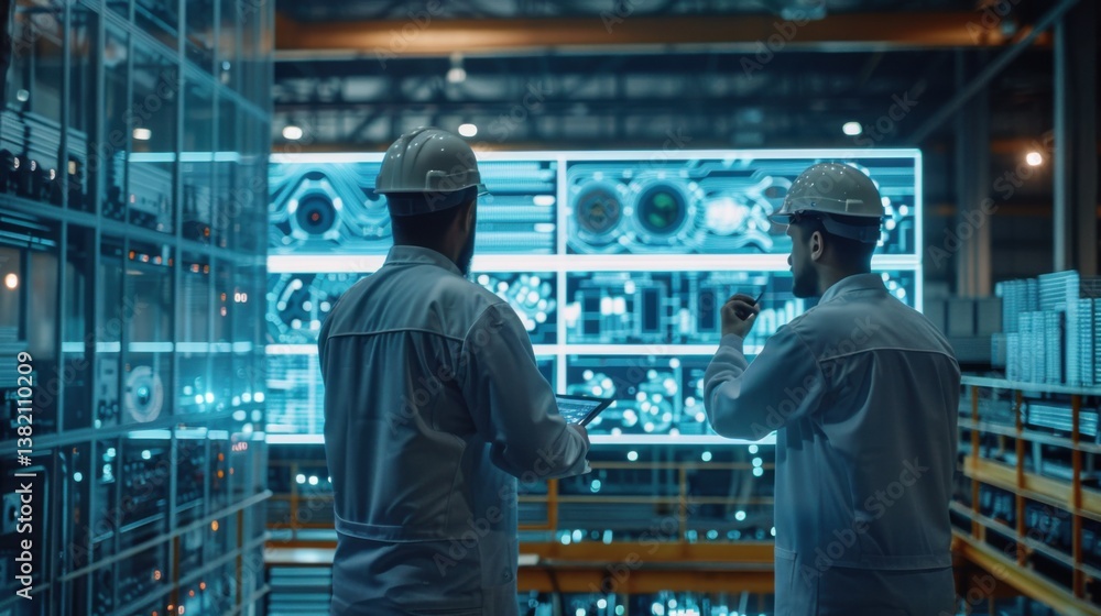 Two industrial engineers use a tablet to visualize big data statistics, optimizing a high-tech electronics facility in an Industry 4.0 production environment.
Two industrial engineers use a tablet to visualize big data statistics, optimizing a high-tech electronics facility in an Industry 4.0 production environment.