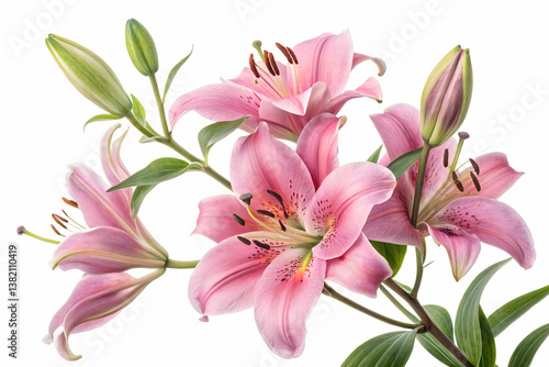 Isolated Grouping of Pink Lily Flowers and Leaves,Pink lily flower bouquet isolated on white background for card and decoration,pink lily isolated on transparent background,


