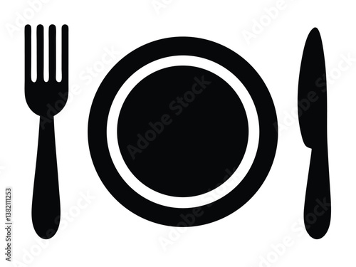 Black and White Tableware – Fork, Knife, Plate, Dish Collection. Minimalist Tableware icon silhouette vector